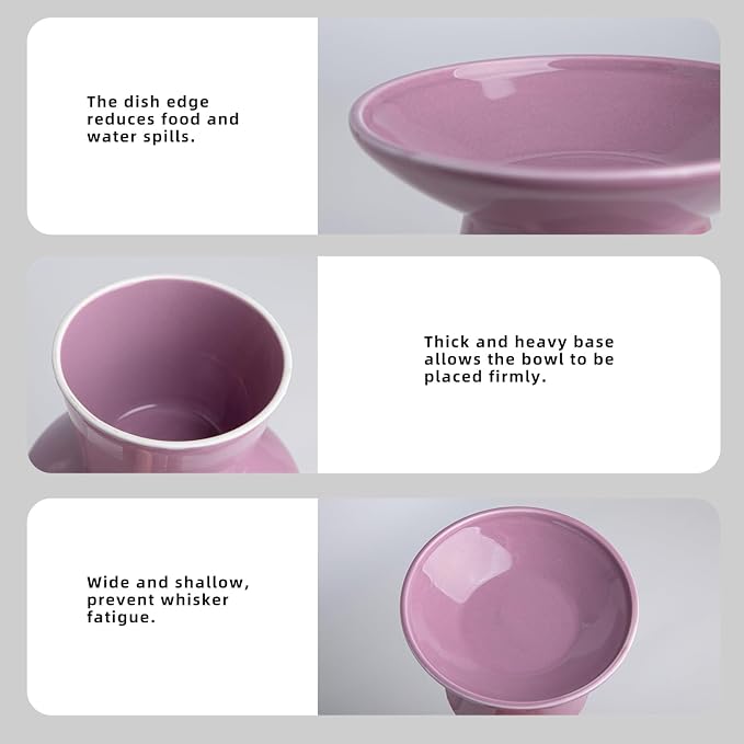 Ceramic Elevated Cat Bowls - 6.2 Inch Extra Wide Raised Cat Food and Water Bowl Set for Indoor Cats, Whisker-Friendly Ceramic Cat Dish for Elder Big Cats & Small Dogs,Dark Purple,2 Pack