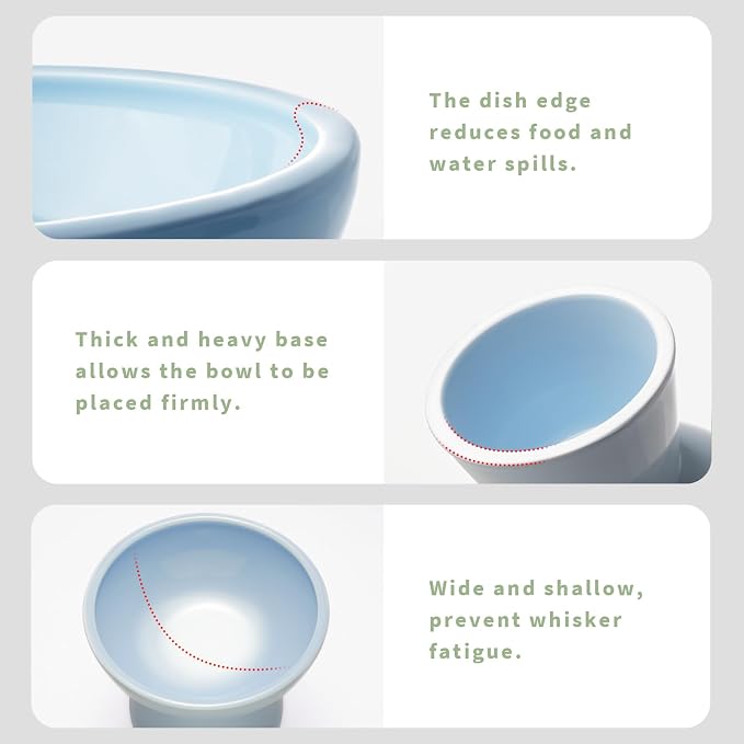 CEEFU 2-Pack Extra Wide Elevated Ceramic 6.2" Shallow Cat Food Bowls | Cat Dish for Whisker Fatigue Relief, 5" Height for Easy Feeding, Durable Raised, Blue
