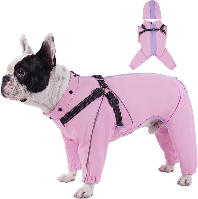 QBLEEV Dog Raincoat with Built-in Harness, Waterproof Rain Jacket, Pink, S | Waterproof & windproof | built-in harness | easy on and off with dual closure | reflective safety strips | detachable hood