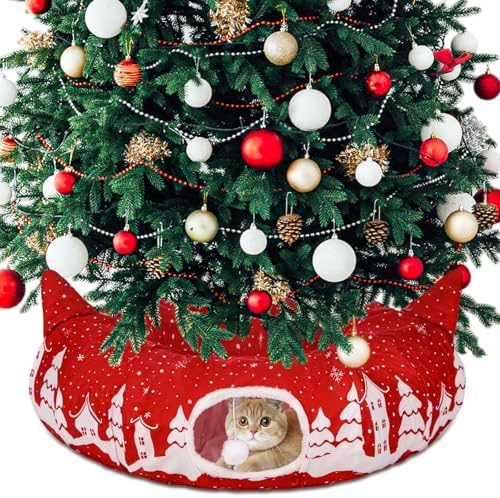 Kinlop Cat Tunnel for Christmas Tree Skirt 35.4'' Fluffy Plush Cat Donut Tunnel Bed Under Christmas Tree with Central Mat Collapsible Warm Soft Kitten Tube Cave for Kitten Small Animal by Kinlop