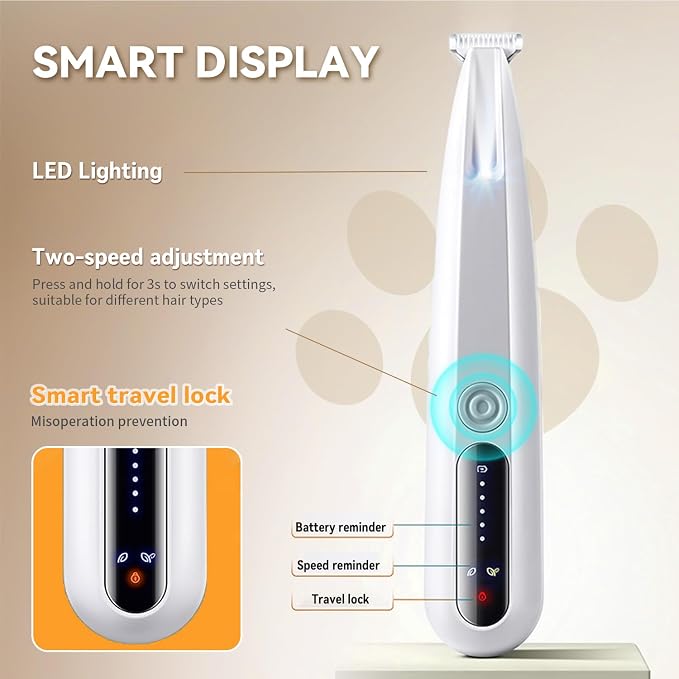 2026 New Pet Precision Trimmer, Dog Paw Trimmer with LED Light, Ultra Quiet | IP68 Waterproof, Dual-Speed Motor, Suit for Trimming Paw, Ear, Face, Butt, Eyebrows, USB Rechageble