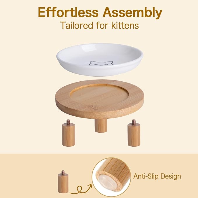 6 Inch Shallow Ceramic Elevated Cat Bowl, Whisker-Friendly Raised Flat Cat Food Plate Feeding Station with Bamboo Stand for Indoor Cats and Kittens (Single, 1.8" Stand, White)
