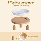 6 Inch Shallow Ceramic Elevated Cat Bowl, Whisker-Friendly Raised Flat Cat Food Plate Feeding Station with Bamboo Stand for Indoor Cats and Kittens (Single, 1.8" Stand, White)