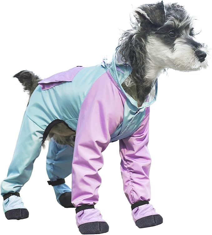 Full Coverage Small Dog Raincoat, 4-Leg Waterproof Jacket with Leash Hole & Backpack, Quick-Dry Pet Rain Gear for Teddy, Bichon, Schnauzer (Blue&Purple, X-Small(Suggest weight1.3-3.3lb))