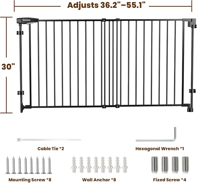 Mumeasy 30" Tall Baby Gate for Stairs, 36.2-55.1" Expandable Hardware Mounted (Drill Needed), Removable No Bottom Bar Dog Gate, Auto Close Wide Walk Thru Safety Gate for Doorways, Pets& Toddlers,Black
