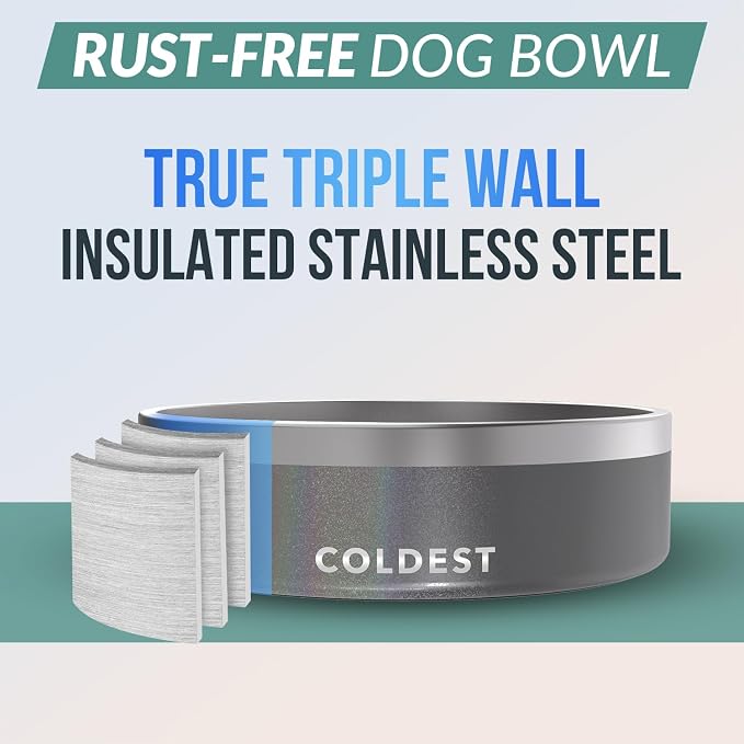 Coldest Dog Bowl - Anti Rust Metal, Non Slip, 3 Layers Insulated Stainless Steel Dog Bowls - Spill Proof & Heavy Duty - Water Bowl for Dogs, Cats & Pets, Dish Washer Safe (42 oz, Stardust Glitter)