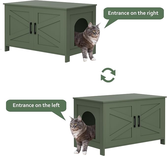 Homhedy 31.5" L Cat Litter Box Enclosure with Barn Door, Green | Wooden Cat Washroom Furniture, Cat House, Pet Storage Cabinet, Dog-Proof, Fit Most of Litter Box, Farmhouse Style