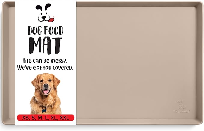 DogBuddy Dog Food Mat – Waterproof Dog Bowl Mat for Food and Water, Silicone Pet Feeding Mats for Floors, Non-Slip Placemat with High Edges for Dogs Bowls, Puppy Essentials (XL: 28" x 18", Taupe)