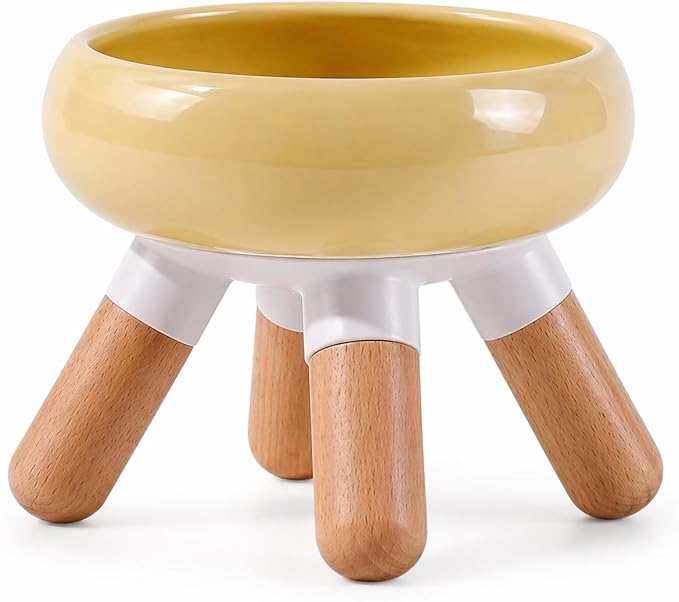 INW Elevated Ceramic Pet Bowl with Wooden Stand – Raised Cat & Dog Feeder, Interchangeable, Anti-Tip, Dishwasher Safe, 12 oz, Easy to Clean – Yellow