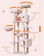 Taoqimiao Cat Tree, 71 in Extra Large Cat Tower for Inddor Cats, MS026LP | 2 Large Cat Condos, 2 Cute Perches, Metal Frame Cozy Hammock, Durable Scratch Board, 8 Natural Sisal Posts, Basket, Pink