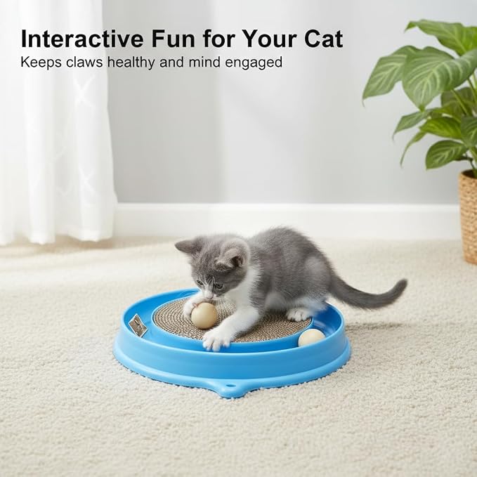 AUOON Cat Scratcher Toy with Ball Track for Indoor Cats and Kittens, Blue | 3 in 1 Interactive Cat Toy, Cat Scratch Pad with Cat Ball Toy and Cat Mouse Toy, for Chasing Exercise, Protect Furniture
