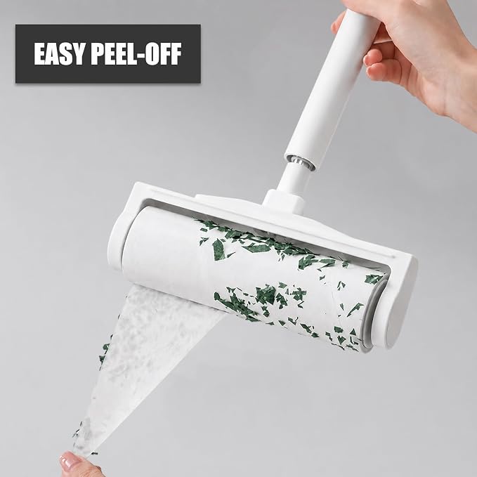 9.45'' Large Lint Roller for Pet Hair Extra Sticky, Extendable Handle | Storage stand included with 4 refills 360 sticky sheets for couches, carpets, beds, clothes, and furniture