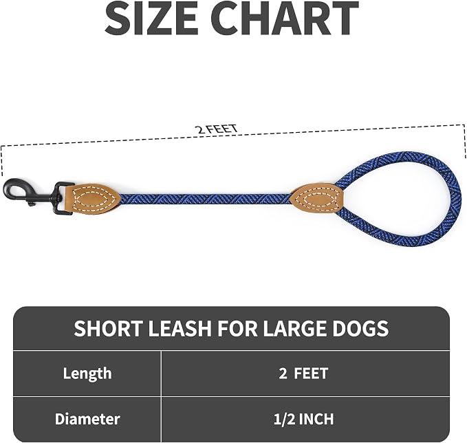 Mile High Life Short Dog Leash with Genuine Leather Connection | Rope Leash, Heavy Duty 360° Swivel Metal Clasp, for Small Medium & Large Dogs (Blue, 48 Inch)