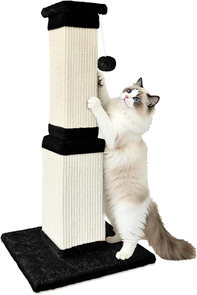 Cat Scratching Post for Indoor Cats, 32Inch Sisal Cat Scratcher | Wide Stable Base, Full-Body Stretching Cat Scratch Post, Heavy Duty Post for Cat Adults to Protect Furniture, Black and White