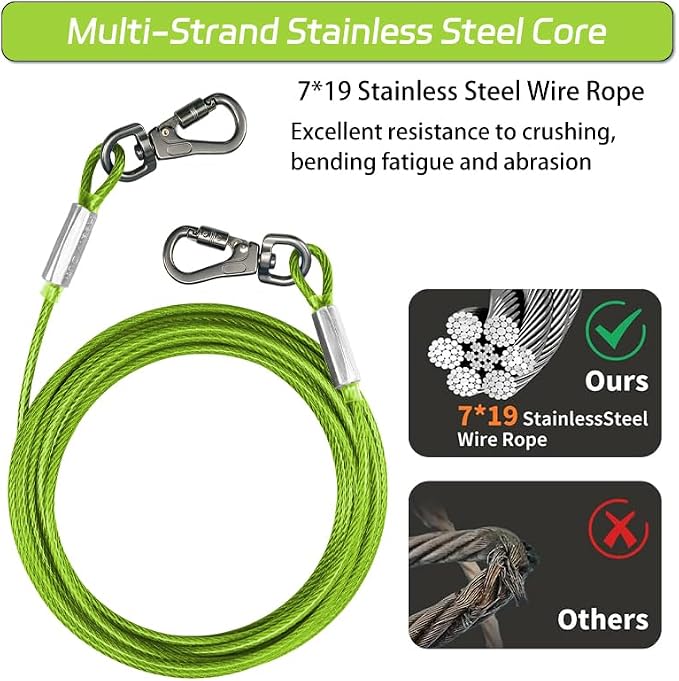 Dog Tie Out Cable - Chew Proof Steel Wire Lead - 360° Tangle Free Outdoor Leash for Pups - Dog Runner Cable for Small to Medium Dogs (Green, 45lbs/50ft)