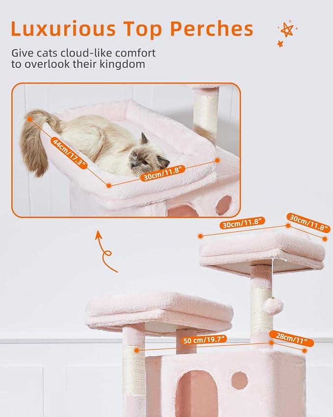 Taoqimiao Sturdy Cat Tree, 58In Cat Tower for Indoor Cats Large Adult | Spacious Cat Condo, 2 Cute Perches, Metal Frame Cozy Hammock, 1 Scratch Board, 8 Natural Sisal Posts, Basket, Pink, MS026P
