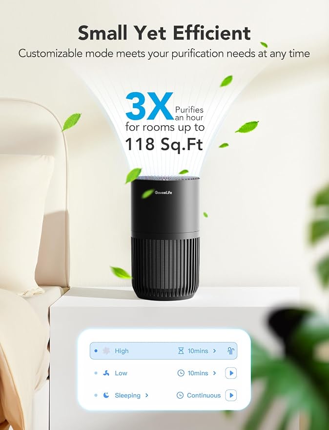 GoveeLife Smart Mini Air Purifier for Bedroom, with App & Alexa Control | HEPA Filter, Portable Air Cleaner with 3 Speeds, 2 Modes, Aroma for Pet Hair, Odors, Pollen, Home, Black