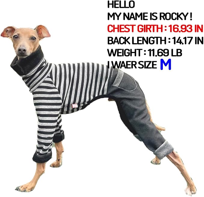 D Doggy Star Italian Greyhound Clothes Stripe Fleece Stretchable Denim Onesie Whippet for Dog Turtleneck Outfits Coat (3XL,Denim Black)