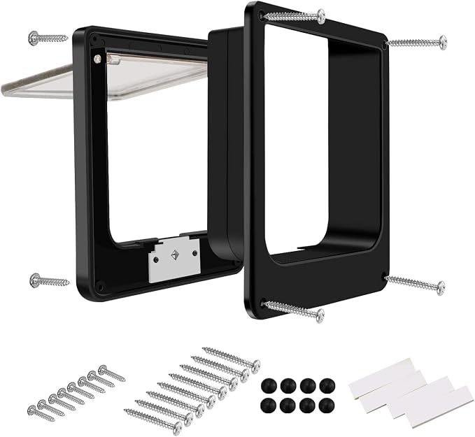 CEESC Large Cat Door for Interior/Exterior, for Pets <23.62", Black | Rotary 4-Way Lock, Weatherproof, Fits doors 1.26-2.14", Adjustable tunnel depth, Upgraded version