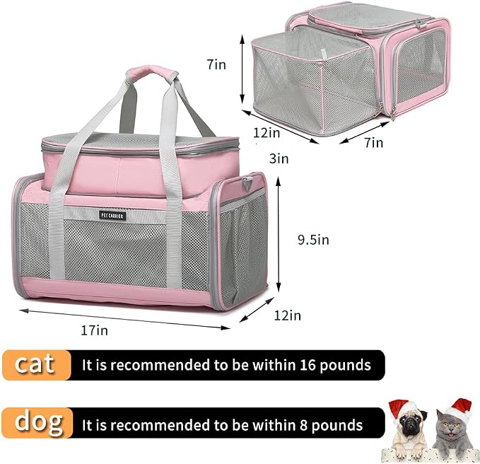 Airline Approved Pet Carrier for Cats and Small Dogs up to 15 lbs, Breathable Mesh, Portable Travel Bag for Bearded Dragon, Puppies Animal Hangbag, Rabbit Cage (Pink, Expandable)