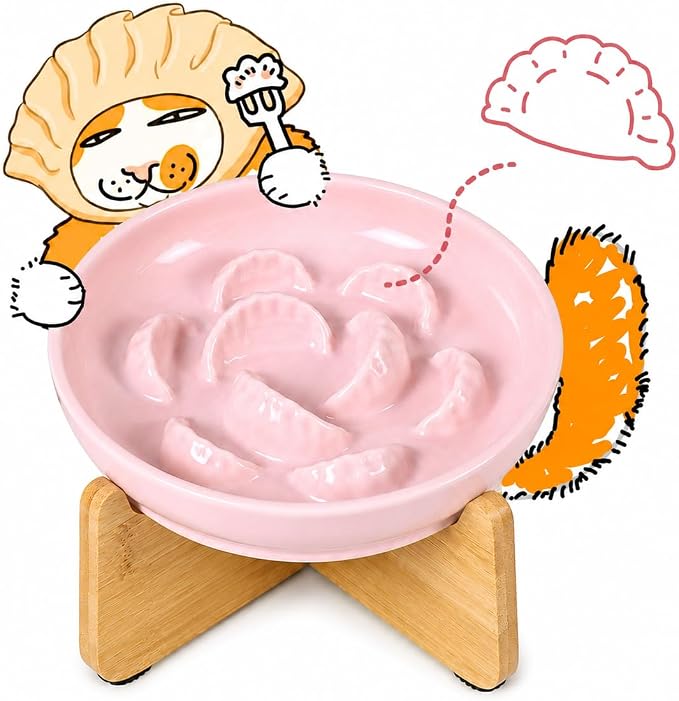 Elevated Slow Feeder Cat Bowl with Bamboo Stand, 6.3'' Ceramic Cat Food Bowl, Raised Whisker Friendly Cat Dish for Wet & Dry Food, Dishwasher Safe Anti-Slip Feeder for Cats & Small Dogs (Pink)