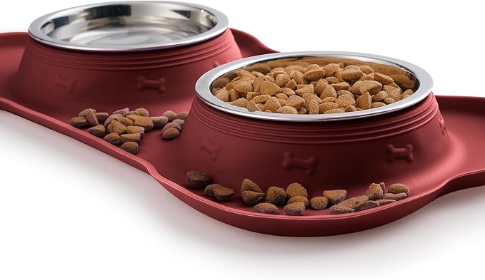 Hubulk Pet Dog Bowls 2 Stainless Steel Dog Bowl with No Spill Non-Skid Silicone Mat + Pet Food Scoop Water and Food Feeder Bowls for Feeding Small Medium Large Dogs Cats Puppies (Burgundy, Small)