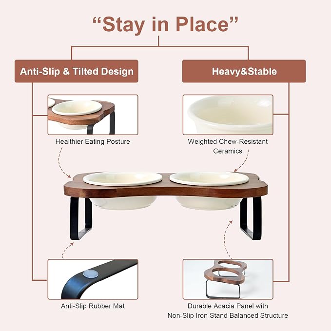 SPUNKYJUNKY Ceramic Elevated Tilted Dog Bowls Bone-Shaped Raised with 2 Height Iron Stand, 6.9'' Dog and Cat Food Water Bowls Set Non-Slip for Small Medium Sized Breed - 20 OZ,Beige