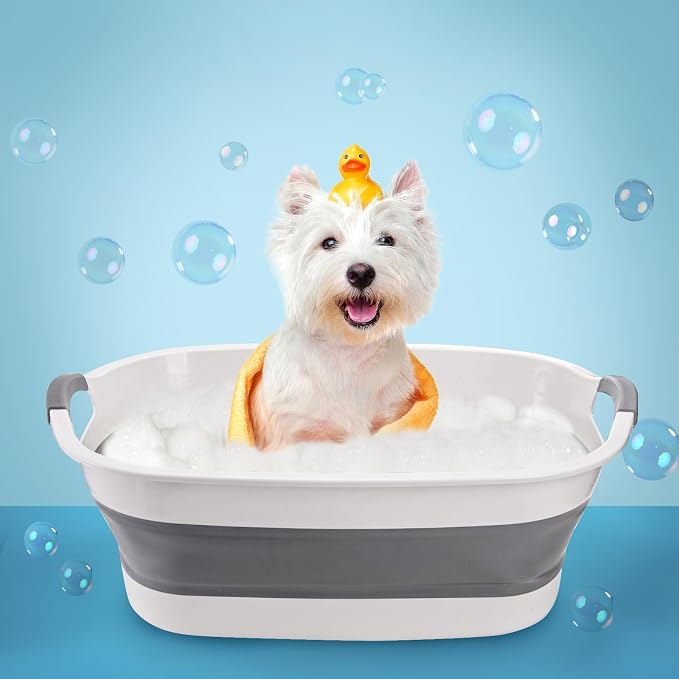 Coloch Collapsible Pet Bathtub with Water Drain Plug, Plastic Dog Bath Tub with Handle Portable Puppy Bathing Tub Space Saving Laundry Basket for Puppy, Small Dog, Cat, BPA Free, Grey