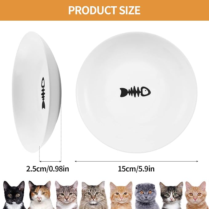 5.9 inch Ceramic Cat Bowls,Wide Shallow Dishes,Whisker-Friendly Plates,Food and Water Bowl for Indoor Cats,-10 oz,3 Pack