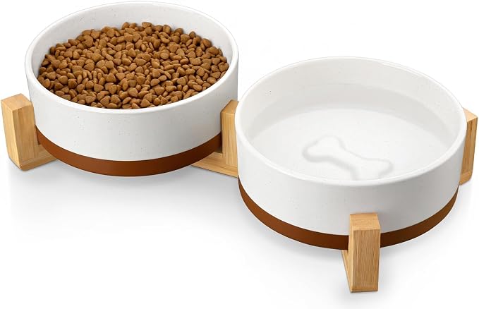 MALACASA Ceramic Dog Bowls Set with Wood Stand, 3.5 Cups Pet Bowls for Medium Dogs with Non-Slip Base, Large Puppies, Cats, Retrievers, ect.Pet Food & Water Basic Bowls Set, Weighted Glaze Matte.34 OZ