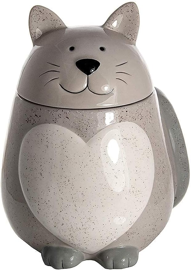 SPOTTED DOG GIFT COMPANY Ceramic Cookie Jar with Lid, Large Cat Treat Container for Cookies & Biscuits, Cute Novelty Kitchen Storage for Countertop, Gifts for Cat Lovers - 43oz Gray