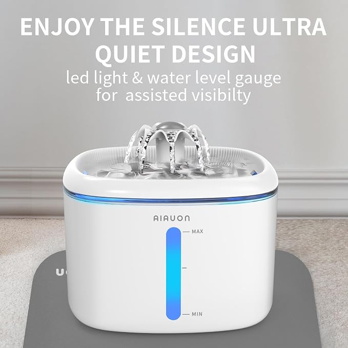 Cat Water Fountain,2.5L/84oz Pet Water Fountain for Cats Inside, Cat Fountain for Drinking with Ultra Quiet Pump(≤20dB)& LED Blue Light - for Pets Small Animals