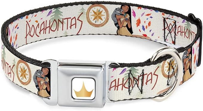 Buckle-Down Dog Collar Seatbelt Buckle Pocahontas and Meeko Compass Pose with Script and Leaves Beige 20 to 31 Inches 1.5 Inch Wide (DC-SB-DYAZA-WDY816-1.5-L) | Pocahontas and Meeko Compass with Script and Leaves Beige Durable Metal Adjustable ID Tag Ring