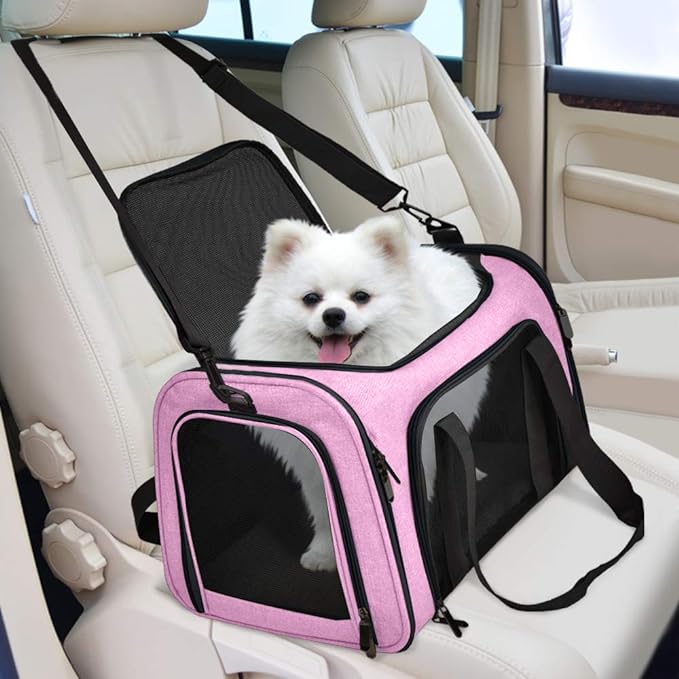 Henkelion Pet Carrier for Small Medium Cats Dogs Puppies up to 15 Lbs, TSA Airline Approved, Soft Sided, Collapsible Travel - Pink