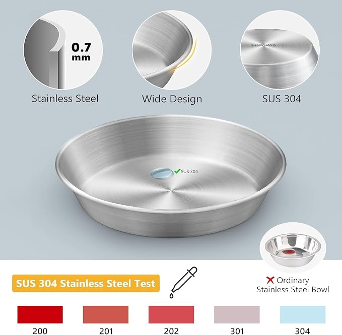 4-Pack 304 Stainless Steel Cat Food Bowls, Non-Slip Basic Dishes | Shallow Whisker-Friendly Silicone Water Metal Bowls, Easy to Clean Indoor Flat Plates for Cat, Kitten, Small Dog (5.9")