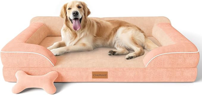 CWAWZ Extra Large Dog Bed, Orthopedic Dog Bed with Cooling Gel Memory Foam, Waterproof XL Pet Bed with Removable Washable Cover, 42" Pet Sofa Couch Dutch Velvet with Bone Toy, Peach Pink