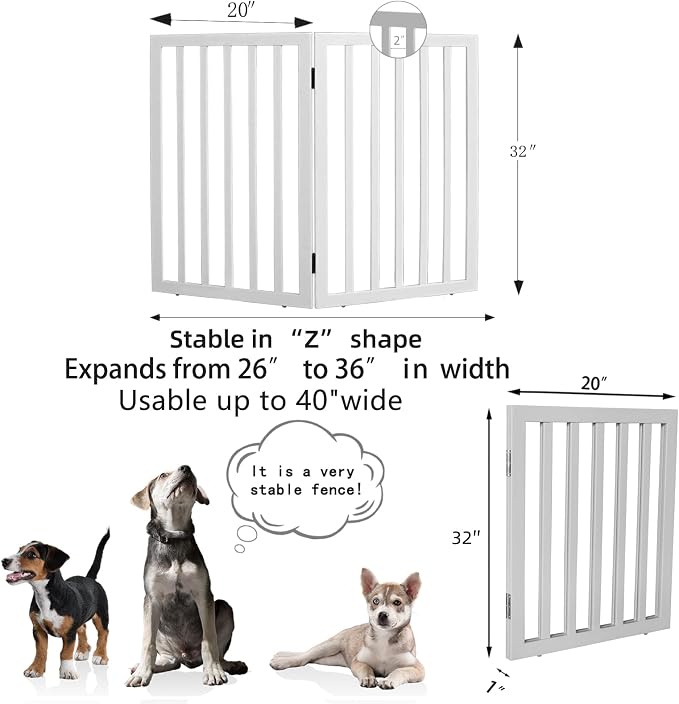 ZJSF Freestanding Indoor Dog Gate for House Foldable Wood White Puppy Gate for Doorways Pet Gate for Stairs Extra Wide Pet Fence 32" Height 2 Panels