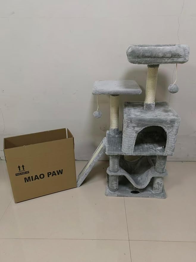 Cut Cat Tree Cat Tower Condo with Hammock Kittens Scratching Post Grey | MIAO PAW Cat Bed For Indoor Modern Activity Tree for Small Cat with Board Hanging Ball Play House