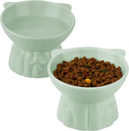 Elevated Cat Bowls 2-Pack, Ceramic Raised Cat Food & Water Dishes - Extra Wide & Shallow Whisker-Friendly Design, Anti-Vomit & Easy Digestion, Lead/Cadmium-Free, Microwave & Dishwasher Safe (Green)
