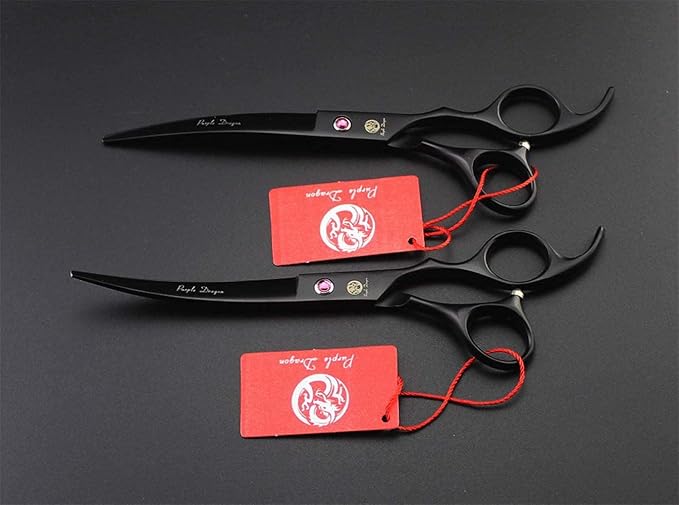 Purple Dragon 7.0 inch Dog Grooming Scissors Set with Silencer - Black | 4PCS Pet Grooming Shears Kit with Straight, Curved, Thinning Blade, Comfortable Grip, Japanese 440C Steel, Gift for Groomers