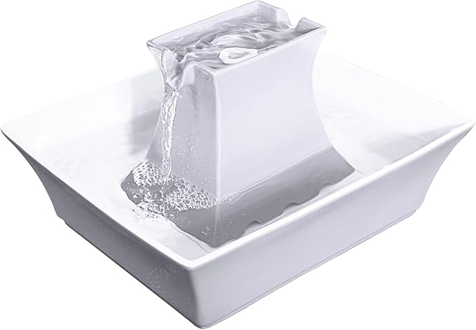 PetSafe Drinkwell Pagoda Fountain, Filters Included, 70 oz Ceramic, White | 2 Free-Falling Water Streams Encourage Hydration, Pet Water Fountain for Cats & Small Dogs, Replaceable Carbon & Foam Filters