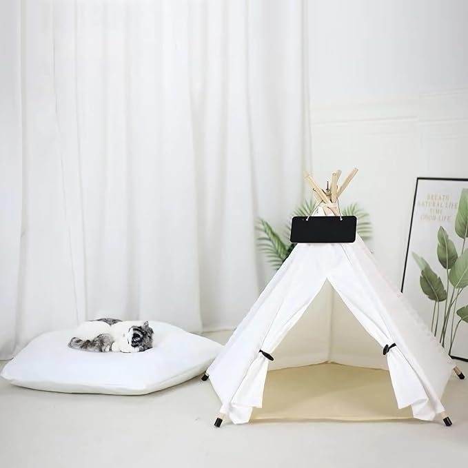 Dog Cat Teepee Tent Bed,Portable Pet Teepee for Small Animals Removable & Washable,Indoor Dog House with Cozy Cushion,Cat Teepee for Indoor Cats,Bunny Tent Outdoor (White, L)