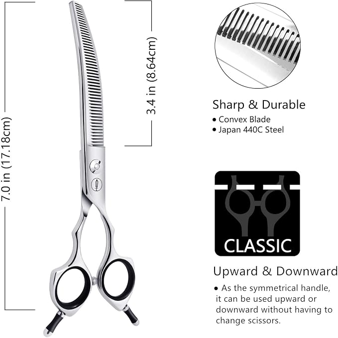 HASHIMOTO Curved Thinning Shears for Dogs, 7.0 inch, 30% Thinning Rate. | Lightweight, 440C Stainless Steel, Sharp, Easy to Use