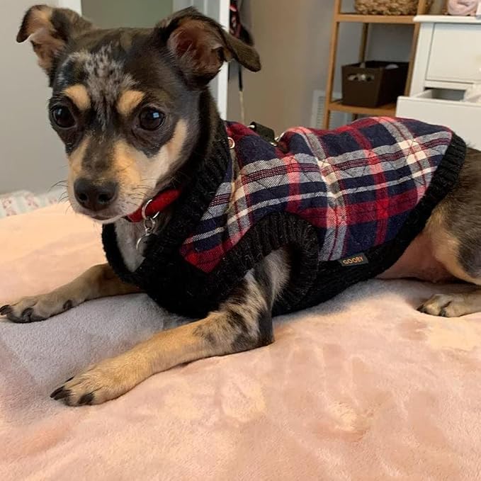 Gooby Fashion Vest Check Dog Jacket - White Check, Small - Warm Zip Up Bomber Vest with Dual D Ring Leash - Winter Water Resistant Small Dog Sweater