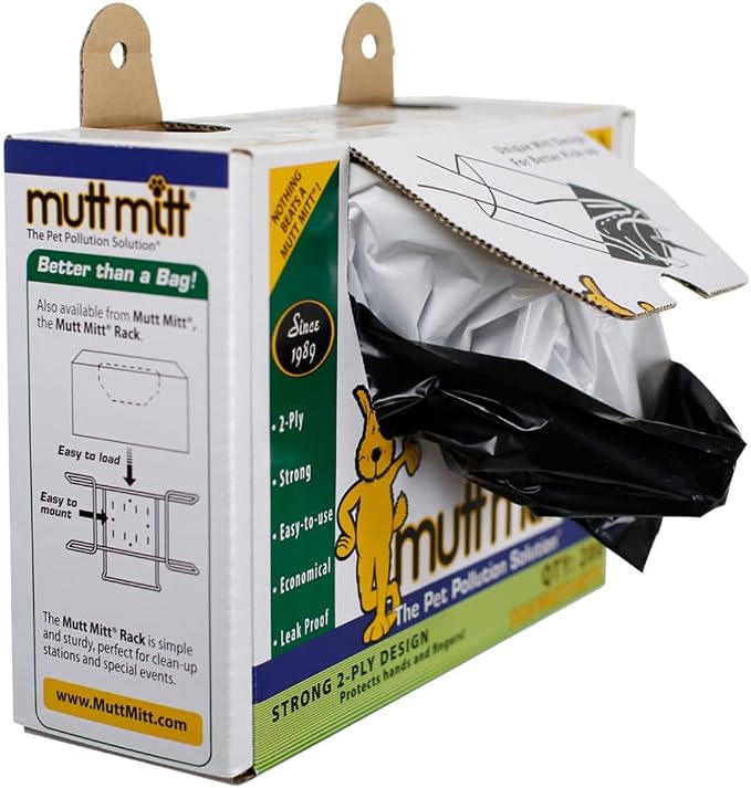 Mutt Mitt® Dispense-A-Mitt™ 2-Ply Dog Waste Pickup Mitts, 200 Count | 2-ply pickup mitts, header dispenser box, extra-thick leak-resistant design for cleaner hands & easier dog waste pickup