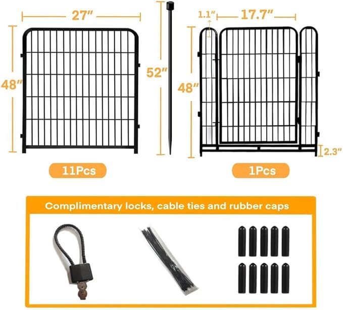 Getlay Tall Garden Fence with Gate 48 in(H)×27 in(L) 12 Panels Total 26.6 Ft(L), Garden Fencing to Keep Dogs Out, Heavy Duty Iron Metal Animal Barrier Fence, Flower Bed Fencing