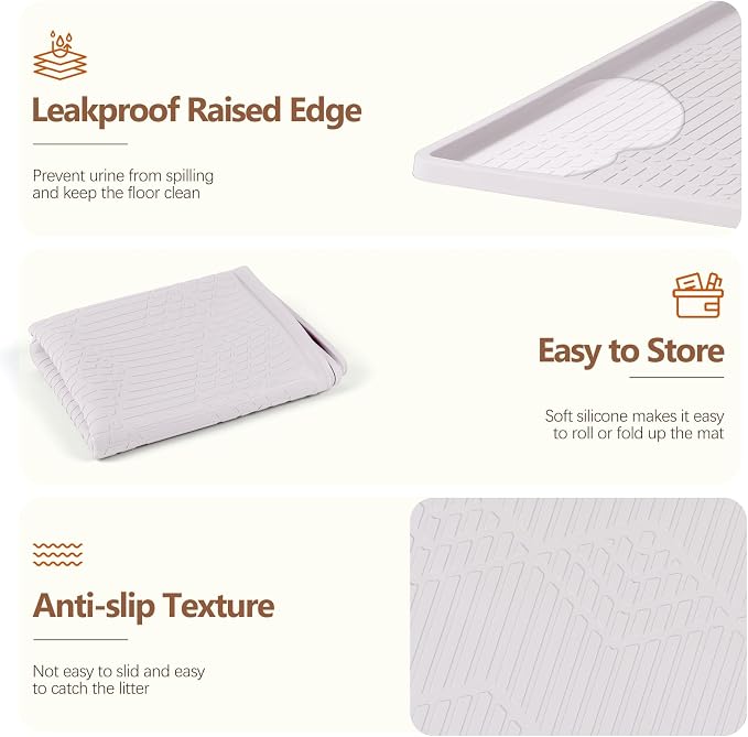 Silicone Cat Litter Box Mat 38'' x 25'' Cat Mat with Toy, White | Extra Large Litter Mat with lip, Non-Slip Waterproof Cat Litter Mat Litter Trapping Mat for Floor, Easy to Clean
