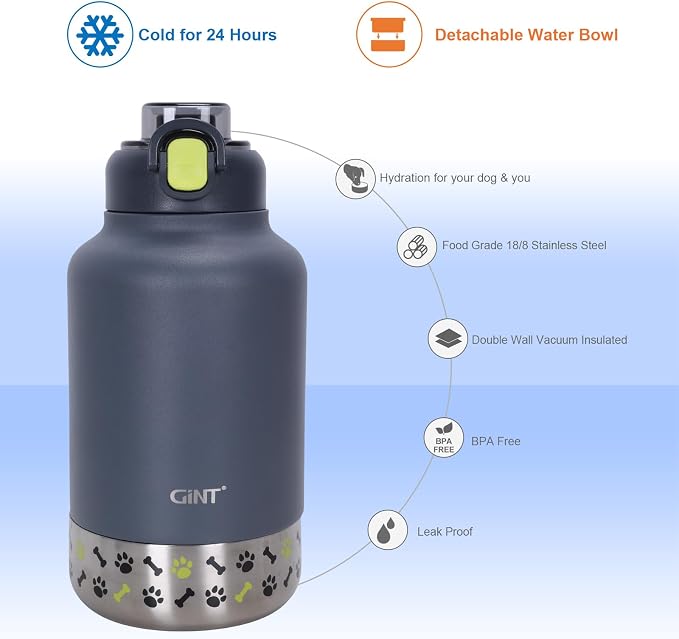 GiNT 37oz Insulated Stainless Steel Dog & Human Water Bottle | Leakproof Travel Dispenser with Detachable 10oz Bowl, 24H Cold/12H Hot, Carrying Case for Walking, Hiking, Camping & Outdoor Travel