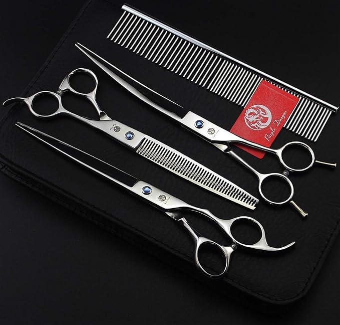 Purple Dragon 8.0 in Dog Grooming Scissors Set with Anti-Shock Bag - Silver | Japanese 440C Steel Pet Grooming Shears, Comfortable Grip, Includes Curved, Straight & Thinning Scissors with Silencer