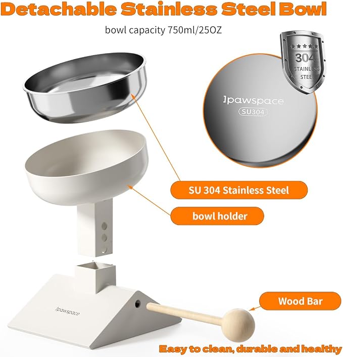 Raised Cat Bowl,Elevated Cat Bowl Stand with 3-Level Height,White | 5.6''/6.2''/6.8'' Height Elevated,0-17.5° tilt Neck-Friendly,25 OZ Large Capacity,304 Stainless Steel,Cats and Puppy
